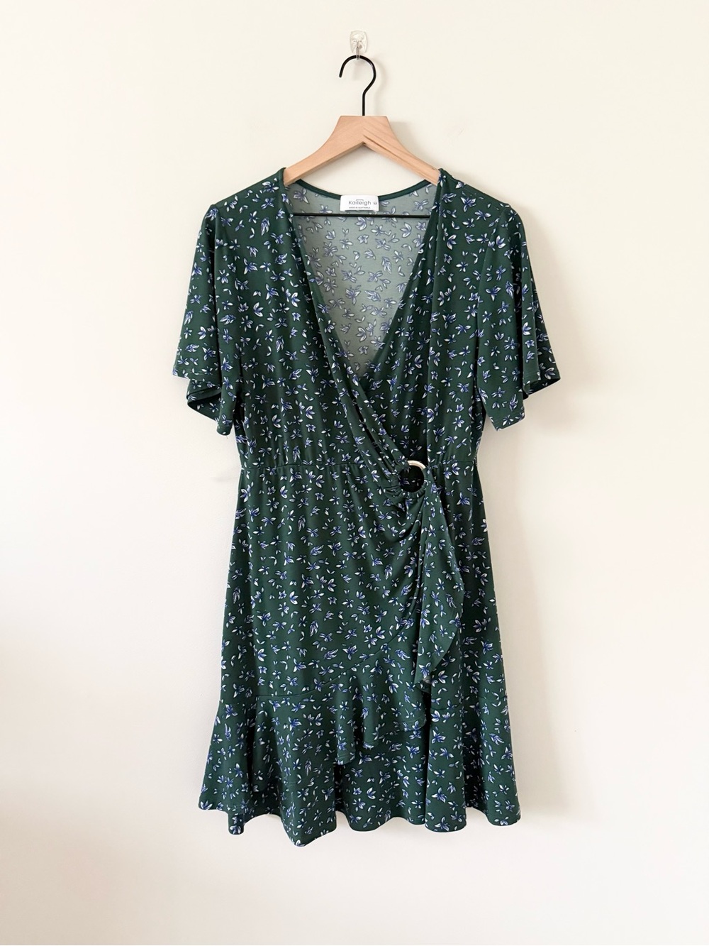 Kaleigh Green Floral Ruffle Hem Faux Wrap Dress XL Petite